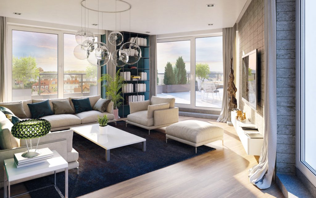 Obývací pokoj nového bytu s nábytkem, který prodávala realitní společnost