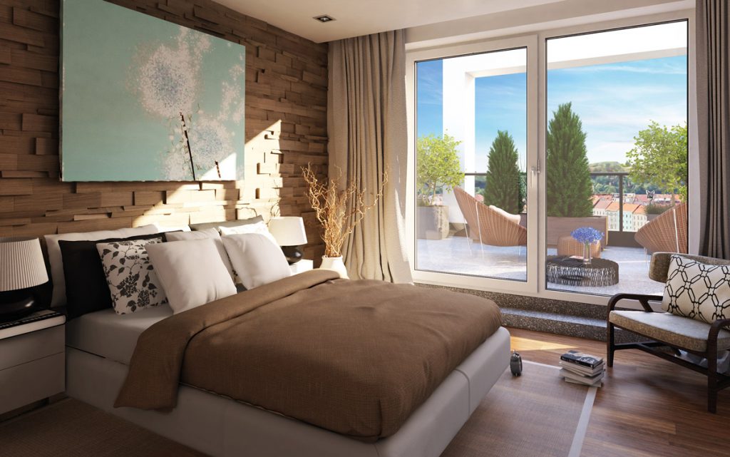 Krásný slunný pokoj v novém bytě, který prodávala realitní kancelář Prestige Group
