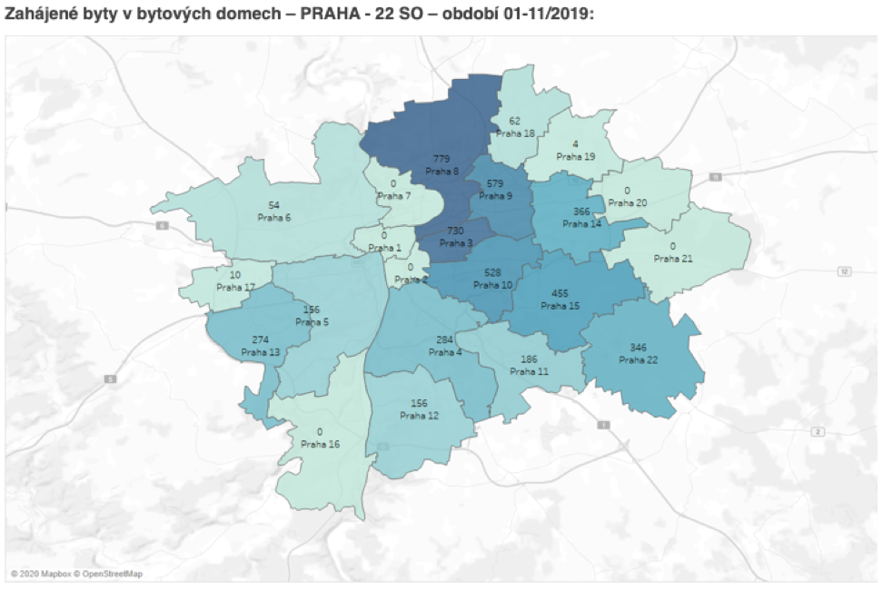 Mapa Prahy ukazující zahájené byty v bytových domech 