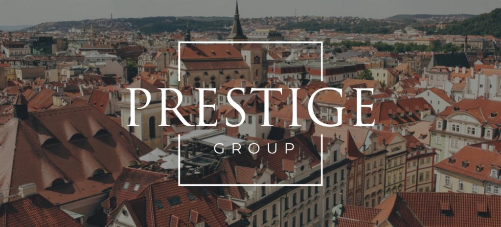 Prestige Group company logo, Prague in the background