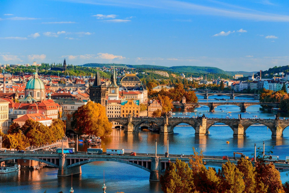 View of bridges in Prague in autumn.